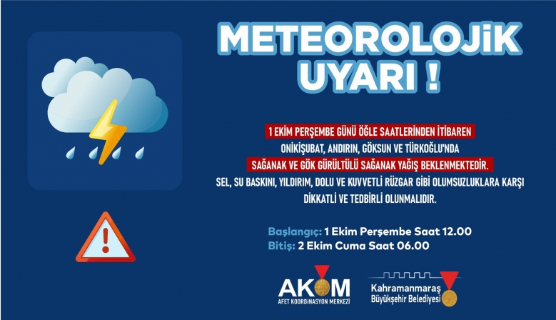 Kahramanmaraş’ta 4 İlçede Sağanak Yağış Uyarısı!